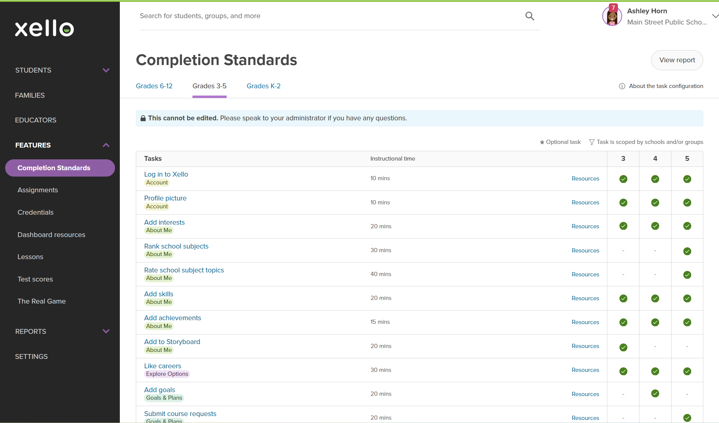 Educator account in Xello open to Completion Standards. A banner states the page cannot be edited. There are several tasks with checkmarks indicating they have been assigned to that grade
